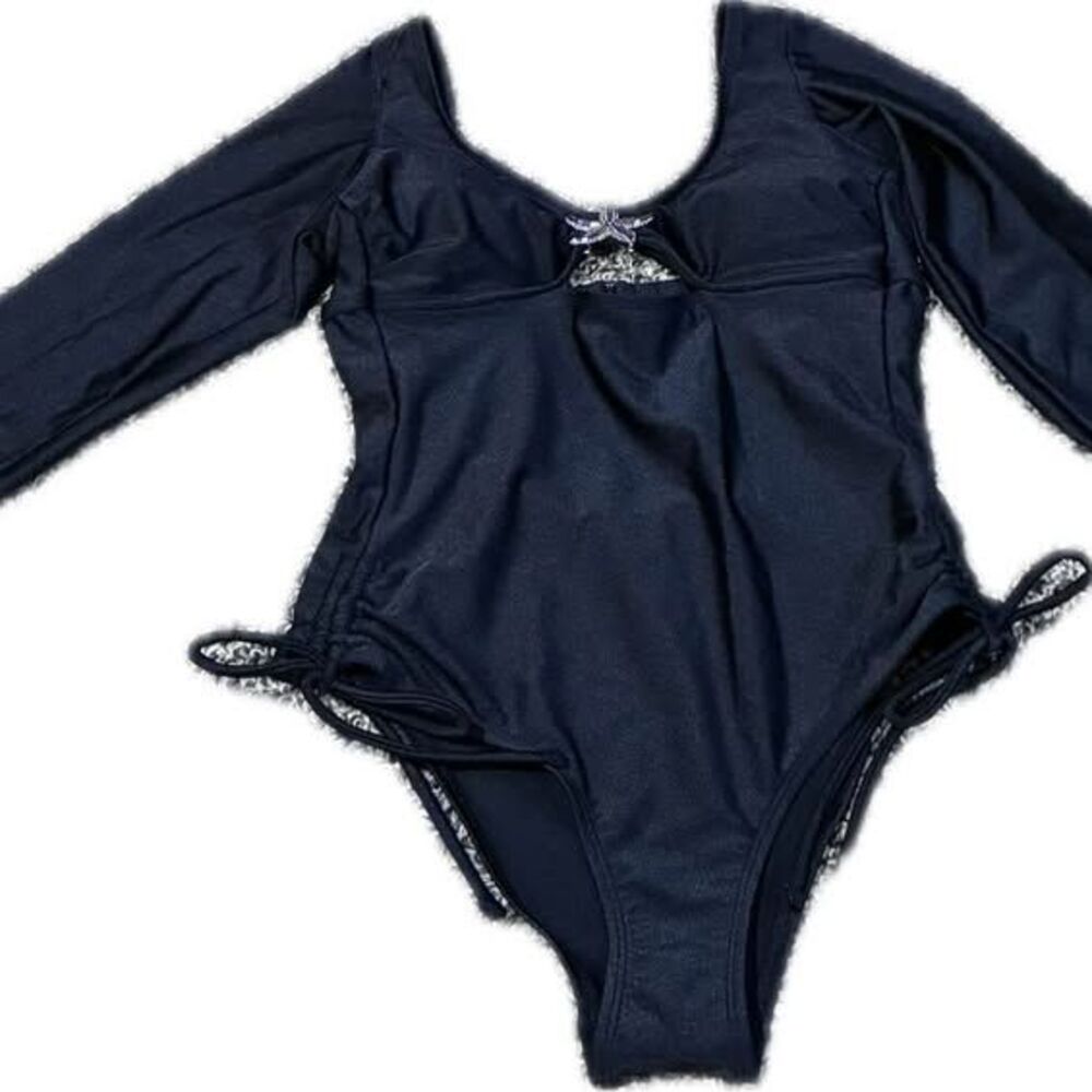 No Boundaries One-Piece Long-sleeve Black Swimsuit Size S (4-6) Starfish Detail